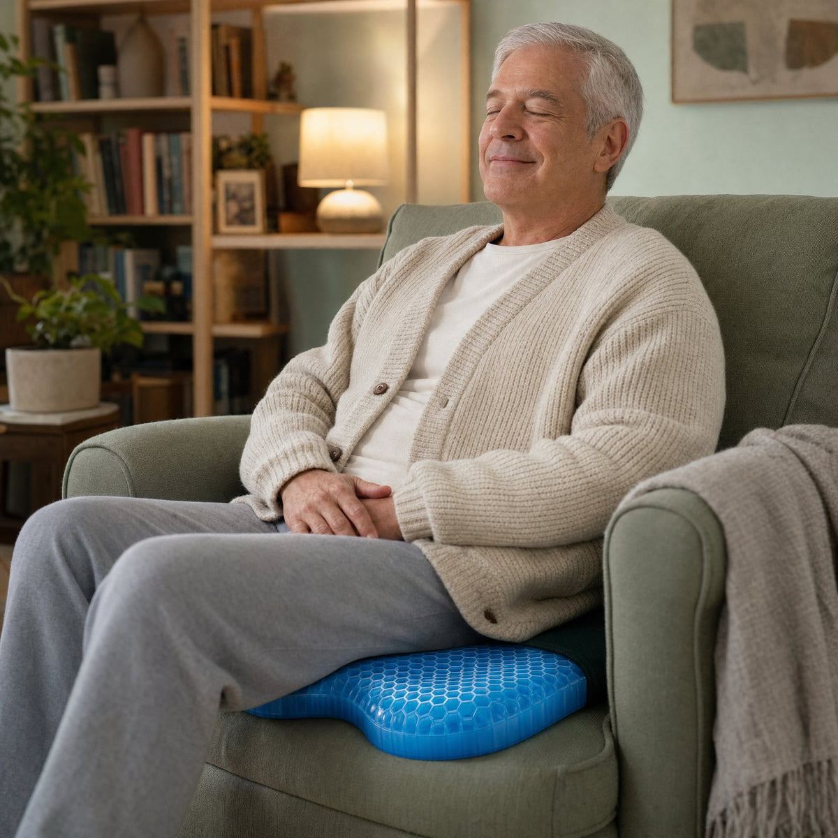 Man relaxing in an armchair sitting on the Lunergo gel seat cushion