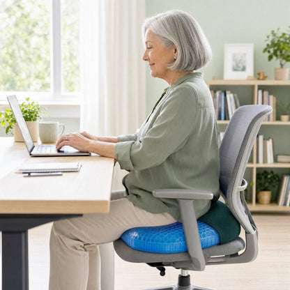 Woman working at a desk sitting on the Lunergo gel seat cushion