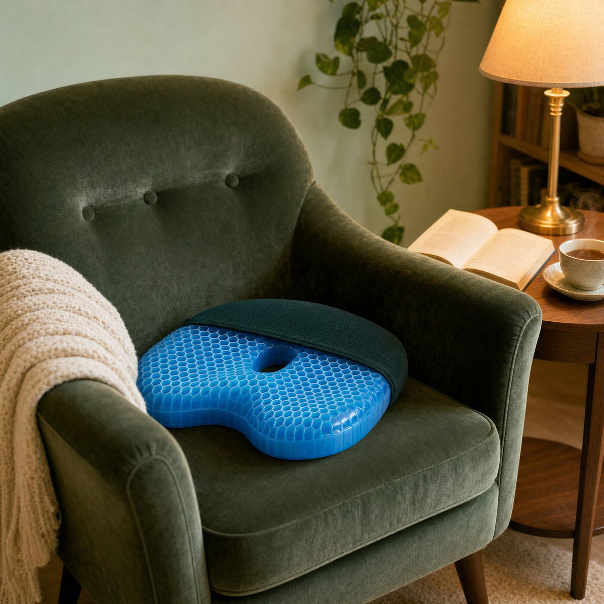Lunergo gel seat cushion on a green armchair beside a reading lamp