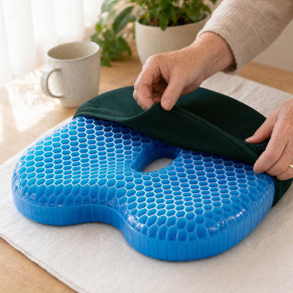Hands sliding the washable cover onto the Lunergo honeycomb gel cushion